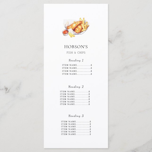 Fish & Chips resturant price list/ Menu Card White (Front)
