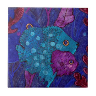 Fish Family, Mother & Baby Blue Purple Underwater Ceramic Tile