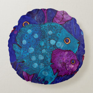 Fish Family, Underwater, Blue & Purple Round Cushion