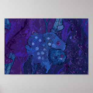 Fish Family, Underwater Ocean Animal Art Navy Blue Poster