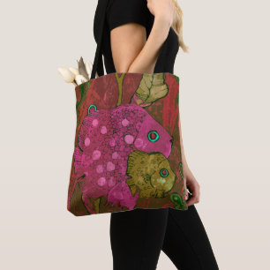Fish Family Underwater Ocean Animal Art Pink Green Tote Bag