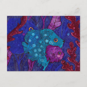 Fish Family, Underwater Ocean Animals Illustration Postcard