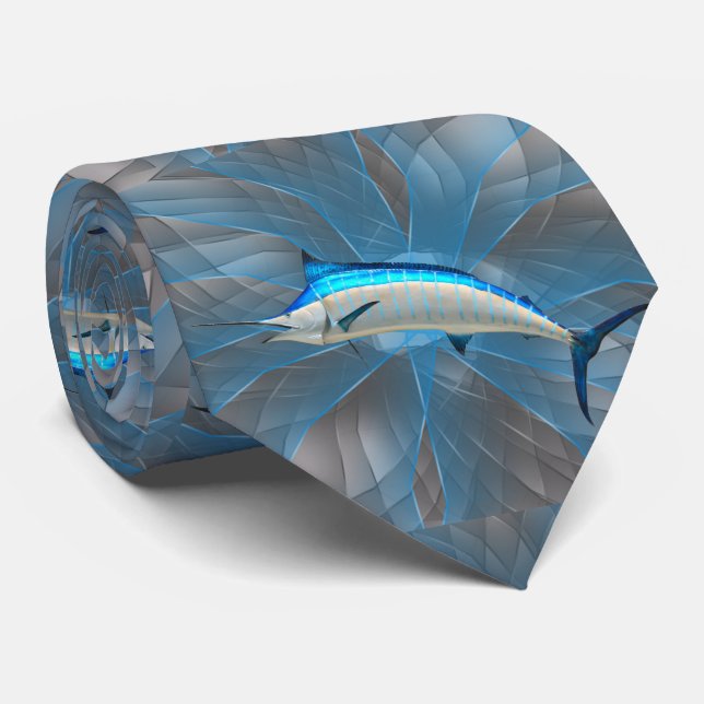 Fish Fishing Marlin On Blue Swirl Necktie (Rolled)