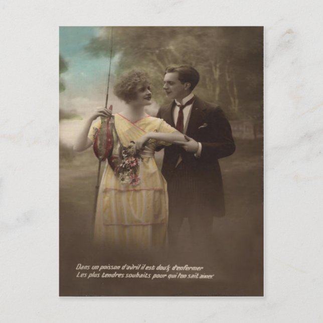 Fish Flower Victorian Couple Poisson d'avril Postcard (Front)