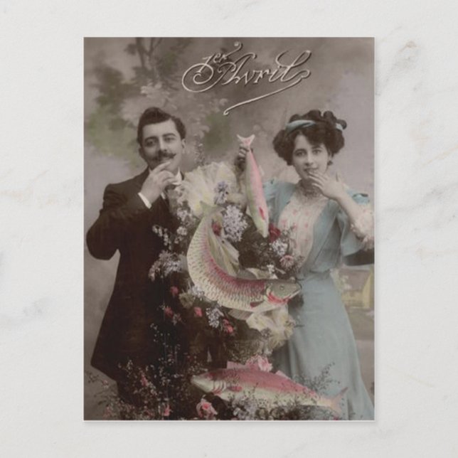 Fish Flower Victorian Couple Poisson d'avril Postcard (Front)