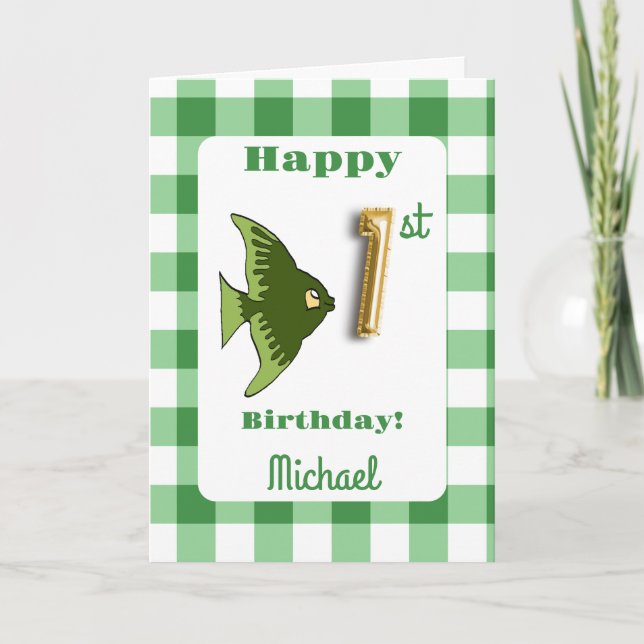 Fish & Green Gingham Balloon Number 1st Birthday Card (Front)