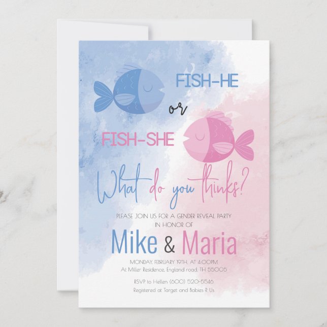 Fish-he or Fish-she gender reveal invitation (Front)