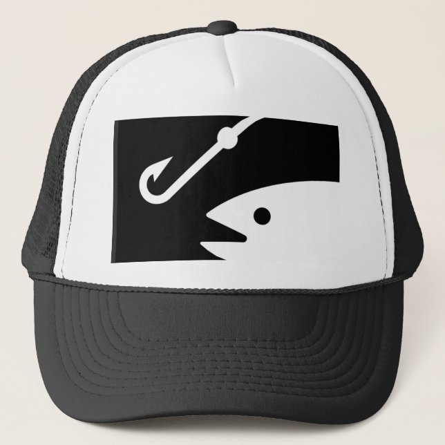 Fish Head and Hook - Black and White Trucker Hat (Front)