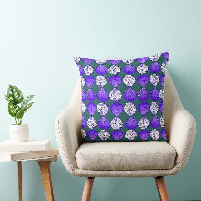 Fish Head Leaves Dark Jade Purple Blue White Cushion (Chair)