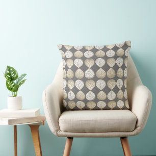 Fish Head Leaves Old Gold White Grey Cushion