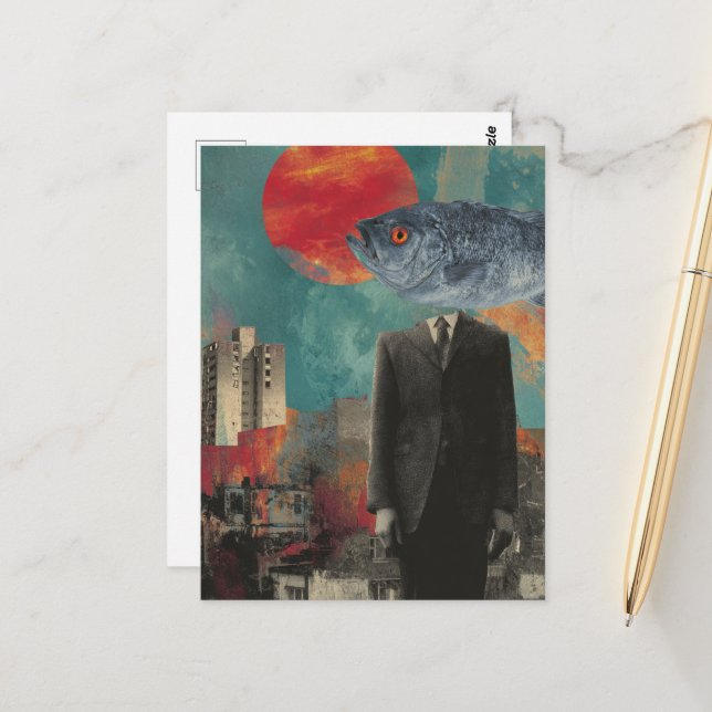 Fish Head Person Surreal Postcard (Front/Back In Situ)