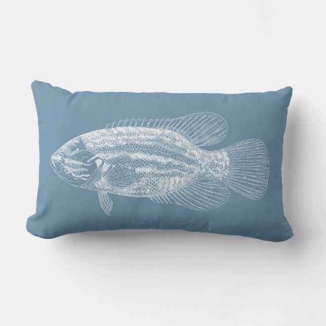 Fish Illustration Medium Blue and White Lumbar Cushion (Front)