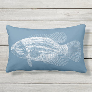 Fish Illustration Medium Blue and White Lumbar Cushion