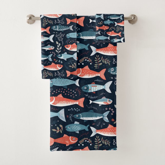 Fish Illustration on Navy Background Bath Towel Set (Insitu)