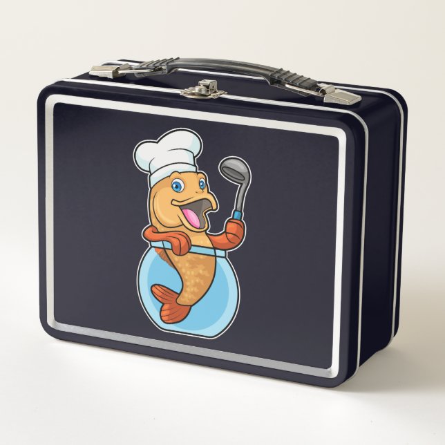 Fish in Glass as Cook with Soup spoon Metal Lunch Box (Front)