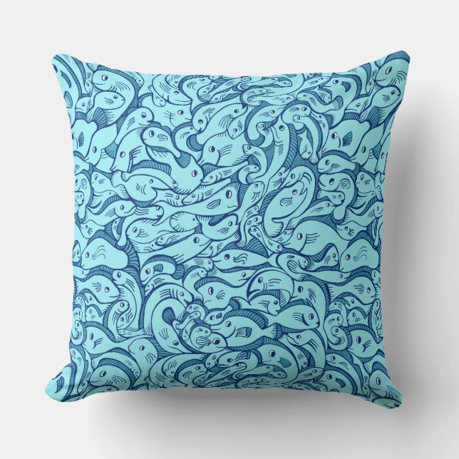 Fish in the Sea Blue Throw Pillow (Front)