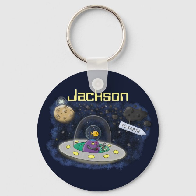 Fish in UFO alien space ship cartoon illustration Key Ring (Front)