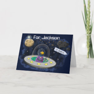 Fish in UFO space ship cartoon illustration Card