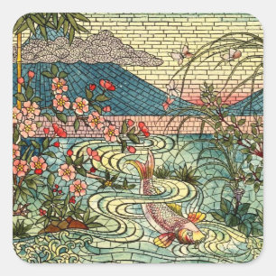 Fish Japanese Stained Glass Design Square Sticker
