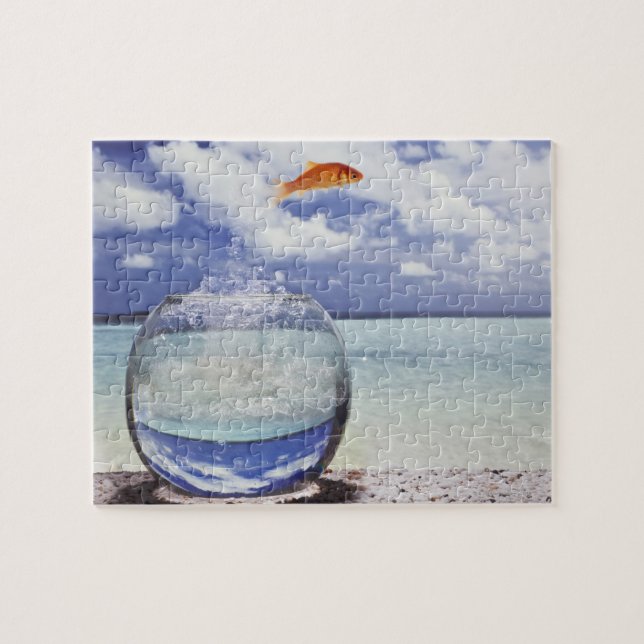 Fish jumping from fish tank jigsaw puzzle (Horizontal)