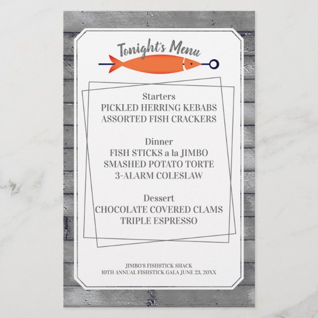 Fish kebab seafood menu letterhead stationery (Front)