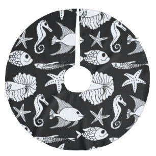 Fish Motif: Black White Pattern. Brushed Polyester Tree Skirt
