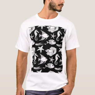 Fish Motif: Black White Pattern. T-Shirt