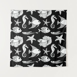 Fish Motif: Black White Pattern. Tapestry