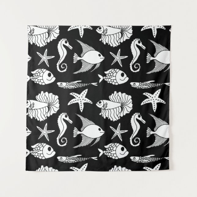 Fish Motif: Black White Pattern. Tapestry (Front)