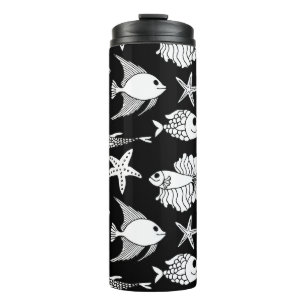 Fish Motif: Black White Pattern. Thermal Tumbler