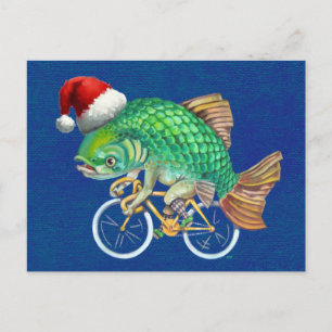 Fish On A Bicycle Wearing Santa Hat Holiday Postcard