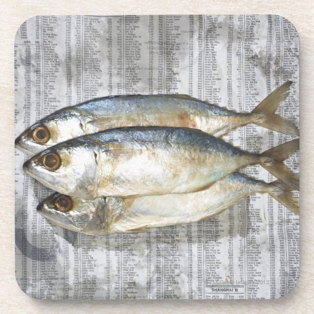 Fish on financial newspaper, elevated view coaster (Front)