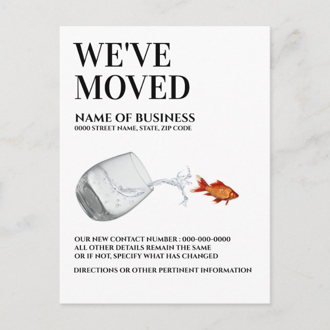 Fish out of glass of water moved business home announcement postcard (Front)