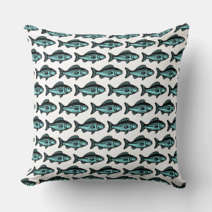 Fish Pattern - Black and Ice Blue on White Cushion