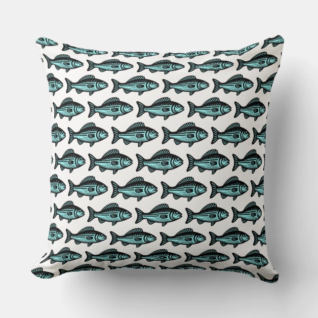 Fish Pattern - Black and Ice Blue on White Cushion (Front)