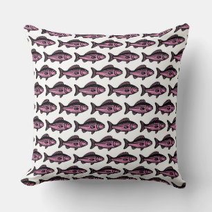 Fish Pattern - Black and Pink on White Cushion