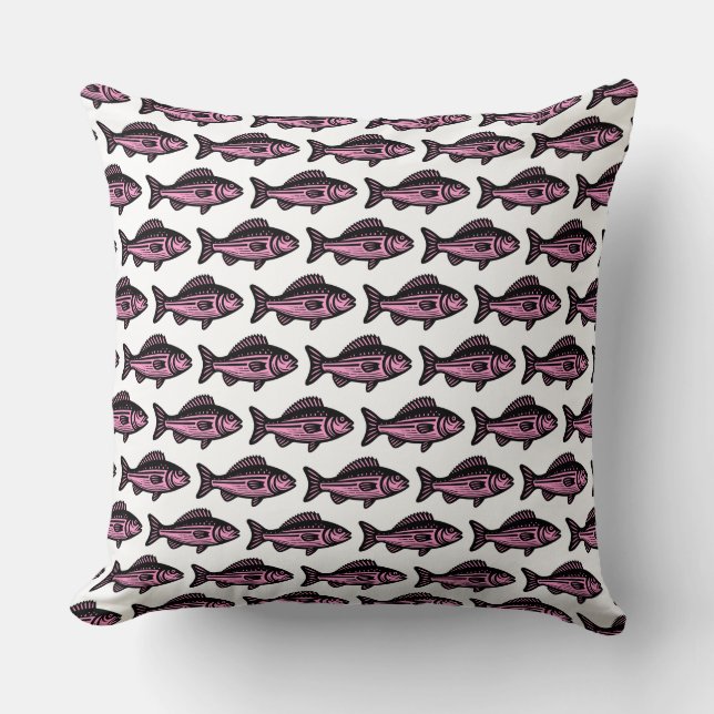 Fish Pattern - Black and Pink on White Cushion (Front)