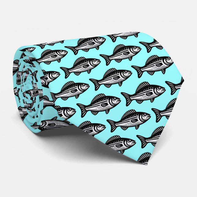 Fish Pattern - Black and White on Amber Tie (Rolled)