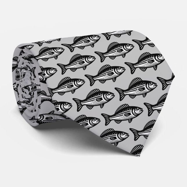 Fish Pattern - Black and White on Grey Tie (Rolled)