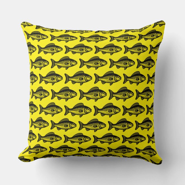 Fish Pattern - Black on Bright Yellow Cushion (Front)