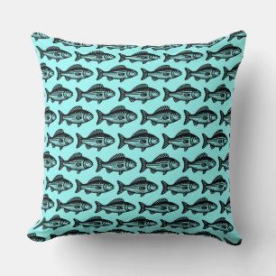 Fish Pattern - Black on Ice Blue Cushion