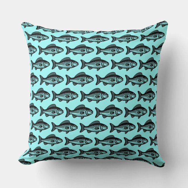 Fish Pattern - Black on Ice Blue Cushion (Front)