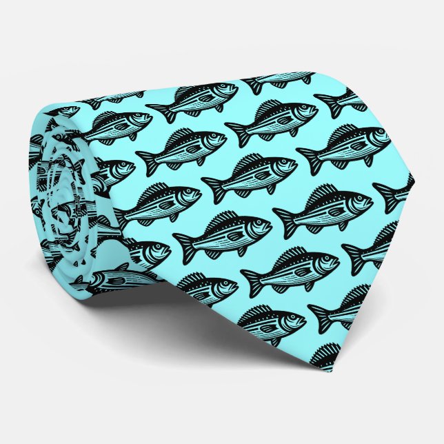 Fish Pattern - Black on Ice Blue Tie (Rolled)