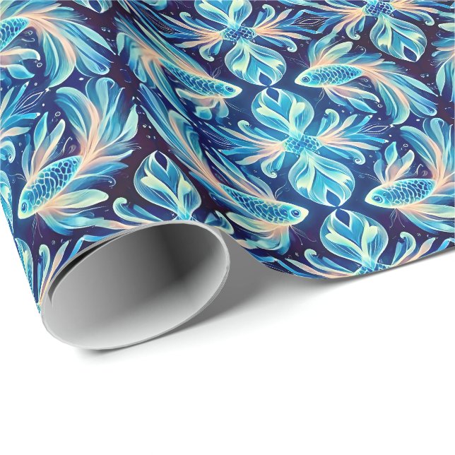 FISH ~ Pattern BLUE Shades ~  Wrapping Paper (Roll Corner)