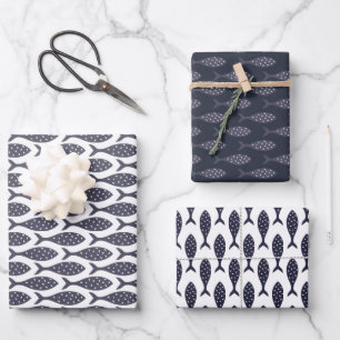 Fish Pattern Blue White Wrapping Paper Sheets