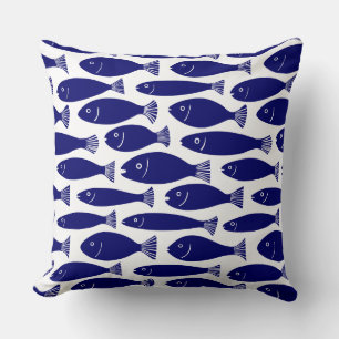 Fish Pattern - Dark Blue on White Cushion