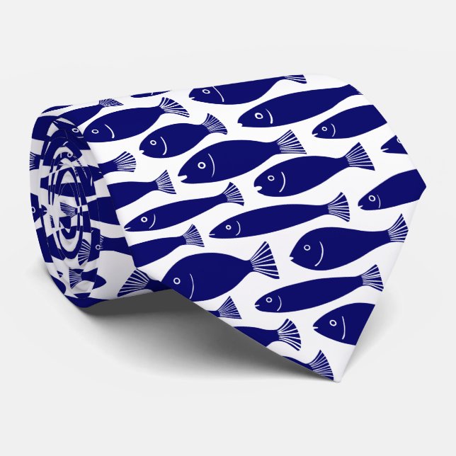 Fish Pattern - Dark Blue on White Tie (Rolled)