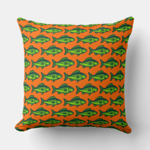 Fish Pattern - Dark Green and Chartreus on Orange Cushion