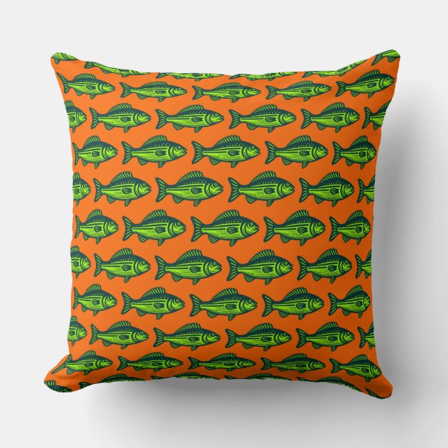 Fish Pattern -  Dark Green and Chartreus on Orange Cushion (Front)
