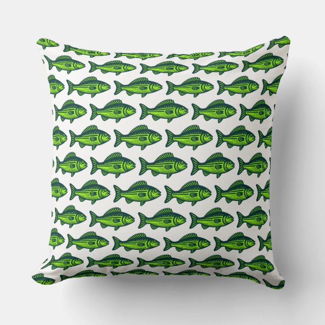 Fish Pattern -  Dark Green and Chartreus on White Cushion (Front)